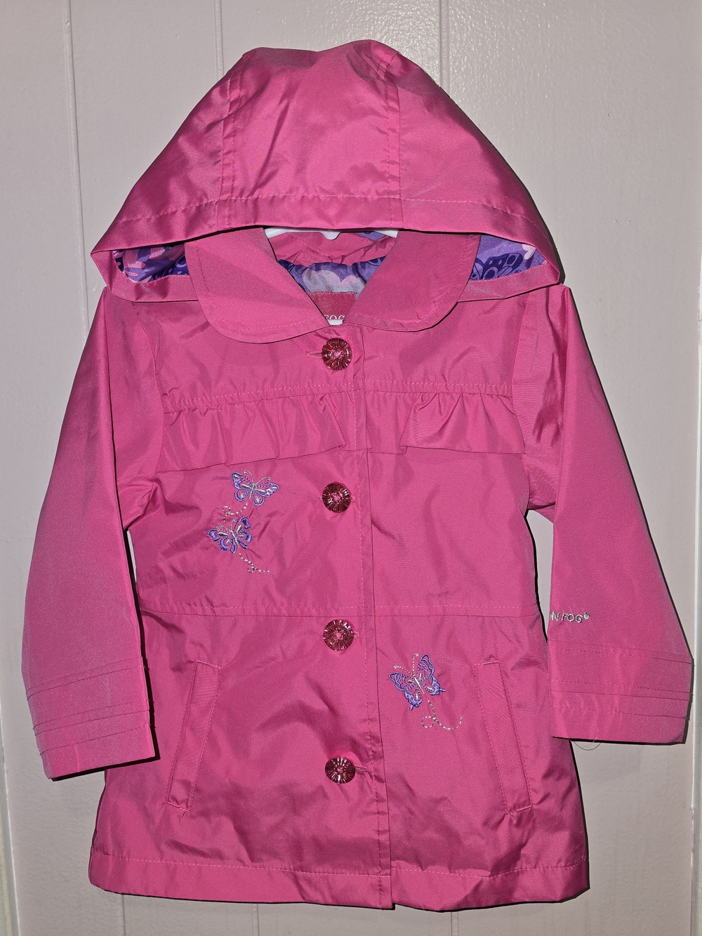 24 Month-London Fog Bright Pink Hooded Girls' Raincoat with Butterfly Embroidery